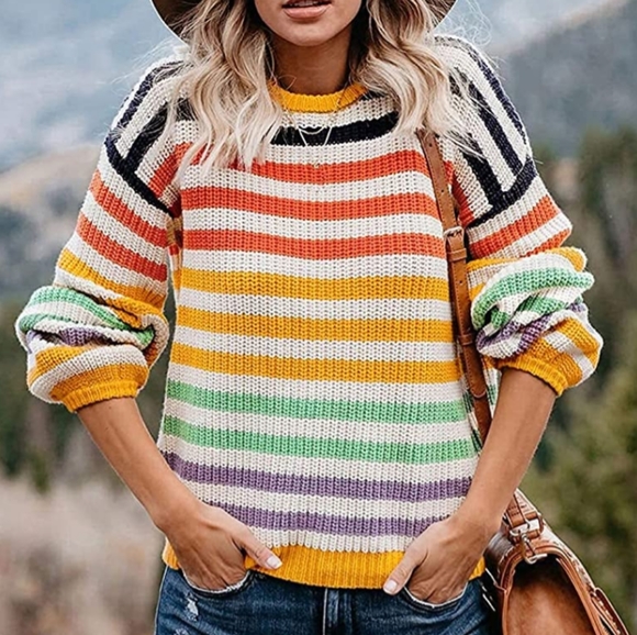 NEW Casual Rainbow Striped Color Block Warm Winter Sweater - Picture 8 of 10